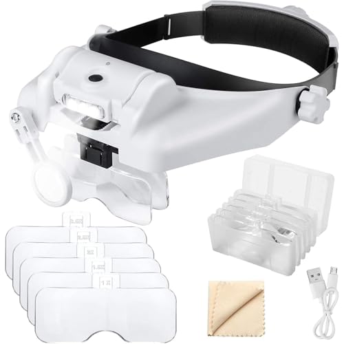 1X à 14X Loupe Serre-tête Avec Lumière LED, Support de Tête Mains Libres Visière Casque Pour Bijoux Professionnels, Travail Rapproché, Couture,...