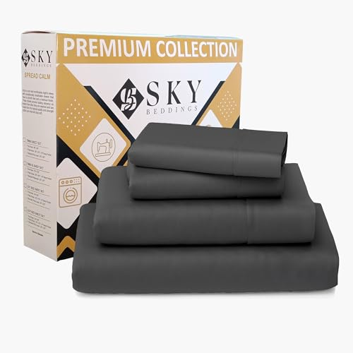 SKY BEDDINGS 100% Cotton Sheets 4 Piece - 400 Thread Count Sateen Weave, Olympic Queen Sheets Set 66" X 80" with 15" Deep Pockets, Cooling, Breathable Cotton RV Camper Sheets Set - Dark Grey