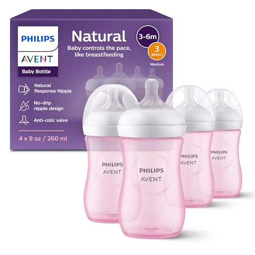 Image of Philips Avent Natural Baby Bottles with Natural Response Nipples (Medium Flow, Flow 3), 9oz, Pink, 4-Pack, SCY903/14