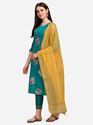 Image of VredeVogel Cotton Silk Blend Straight Embroidery Kurta Pant and Dupatta Set for Women