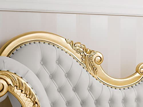 Image of Chaise Lounge Royal Carving Sofa Design Golden Polished and Leatherette Cover (3-Person Sofa, White)