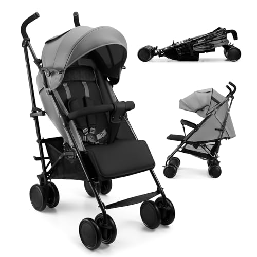 Kinderkraft silla de paseo SIESTA 2 hasta 22 kg, ligera, solo 7,9 kg, plegado tipo paraguas, posición tumbada, reposapiés ajustable, capota transpirable con malla y ventana peekaboo, compacta, Gris