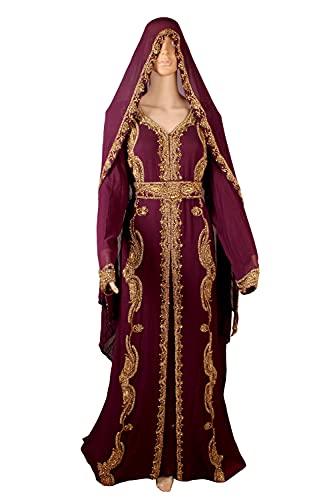 Abaya Kaftan Dress Kaftan Long Maxi Dubai Muslim Kaftaan Gown Moroccan Farasha Fancy Kaftans Designer Abaya Long Sleeve Dress Kaftan For Women Dress By AFREEN CREATION. (Maroon 4, 5XL)