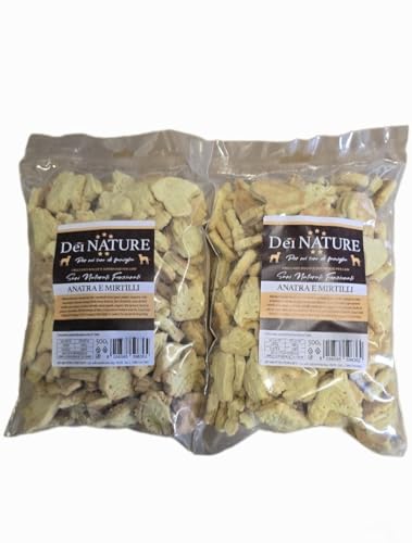 DEI NATURE Biscotti per Cani Anatra e Mirtilli Rossi, 2 Confezioni da 500g, Human Grade, Superfood, Snack per cani,Premio per cani
