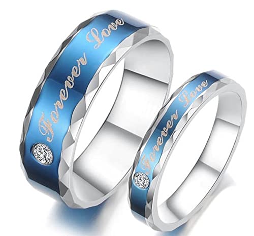 Aotiwe Anillos A Juego Para Parejas Azul Plateado Anillo Amor Para Siempre Cz, Acero Titanio Anillos Pareja Mujer 9,5 & Hombre 20