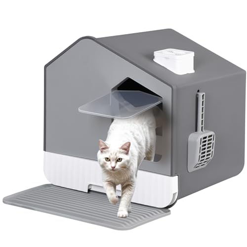 Saicool Large Enclosed Cat Litter Box, Odorless Cat Toilet Anti-Splashing Kitty Pan, Cat Box with Mat and Litter Scoop, Gray
