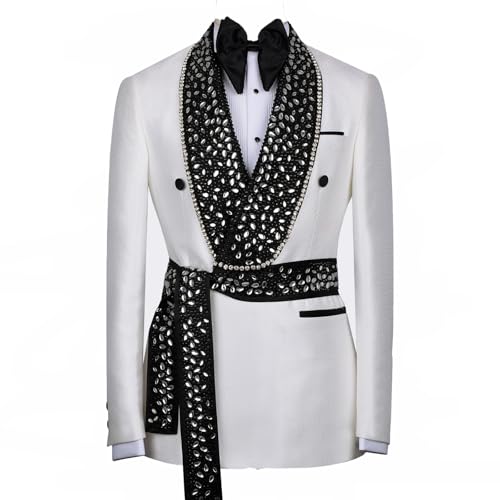 Men's Luxury Formal Jacquard Jacket Blazer with Shiny Rhinestone Slim Fit Dinner Tuxedo for Prom Party Wedding