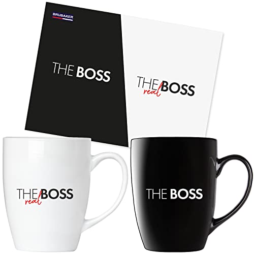 BRUBAKER Tasses à Café The Boss & The Real Boss avec Carte de Vœux - Couple de Tasses à Café noir et Blanc - 300 ml Tasses lutins set Cadeau