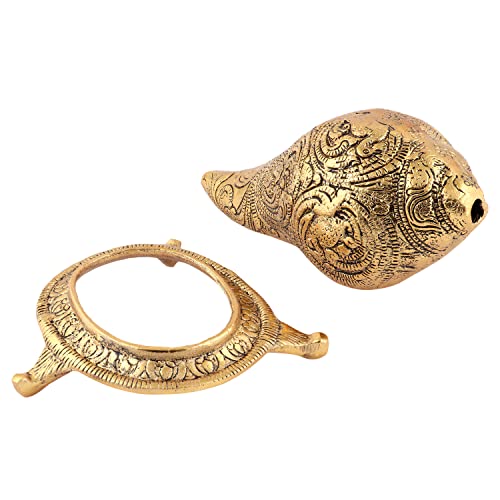 Image of Kalakriti Lord Vishnu Laxmiji and SheshNaag Carving Antique Brass Finish Gold Plated Shankh Showpiece with Stand| Conch for Temple| Vastu Decorative Items Sankh for Home |Religious Diwali Gift 1 pc