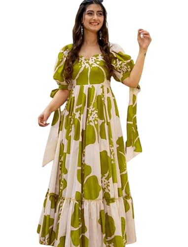 Image of Modestouze Attires Women's Floral Pattern Rayon Blend Maxi Dress with Sweetheart Neck Half Puff Sleeve Floor Length and Zipper Closure Type | Maxi Dress for Women Stylish | Dress for Women