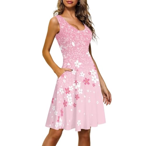 Image of Women's Casual Loose Sundress Midi Sleeveless Crewneck Dress Summer Beach Tank Dress with Pockets