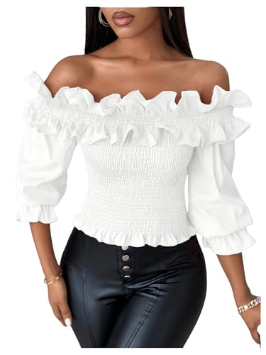 OYOANGLE Women's Off Shoulder 3/4 Sleeve Blouse Ruffle Shirred