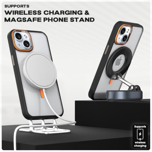 Image of Pikkme Back Cover for iPhone 14 | Shockproof | Mag-Safe Compatible | Hard Transparent Back | Premium Raised Camera Protection | Bumper Case (Black & Orange Mag-Safe)