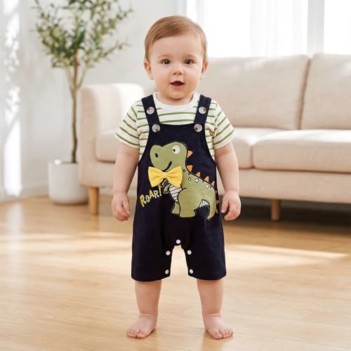 Image of Baby Boy Clothes Striped Romper Cartoon Overall Set 0-18M
