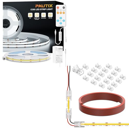 PAUTIX COB LED Strip Light Daylight White 6000K 16.4ft,20pcs Strip to Wire Connectors,10ft(305cm) Long 22AWG Extension Wires
