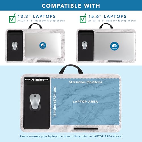Image of LAPGEAR Home Office Left-Hand Lap Desk - White Marble, Fits 15.6 inch Laptops | Built-In Mouse Pad & Phone Slot, Integrated Device Ledge, Dual-Bolster Microbead Cushion, Carry Handle
