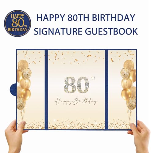 Image of DARUNAXY Blue Gold Happy 80th Birthday Alternative Signature Guest Book