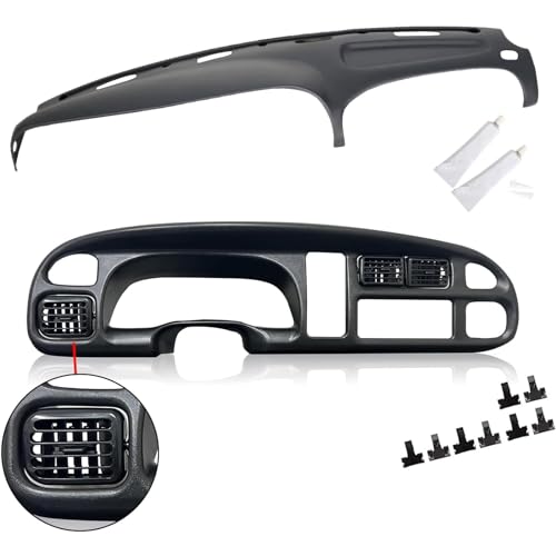 ECOTRIC Dash & Bezel Cover Compatible with 1998-2002 Dodge Ram 1500 2500 3500 Trucks Black Dash Pad Cap Bezel W/Vents & Grey Dashboard Overlay Cover Instrument (You Will Receive 2 Packages)