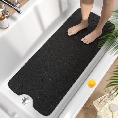 HITSLAM Tappetino Vasca Antiscivolo da Bagno 100x40cm, Extra lungo Tappetino Doccia Antiscivolo, PVC Morbido Loofah Tappetino Bagno, Asciugatura Rapida Tappeto vasca, Senza Ventosa, Nero