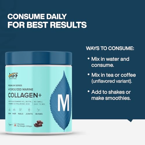 Image of MyFitFuel Hydrolyzed Beauty Marine Collagen Peptides (100gm, Chocolate) with Biotin, Hyaluronic Acid, Zinc, Vitamin C & Glucosamine | For Skin, Hair, Nails & Joints