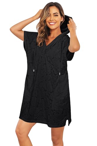 Pinup Fashion Terry Cloth Swim Cover Up Women Black 2025 Bathing Suit Hooded Sun Coverup Beach Robe with Pockets XL