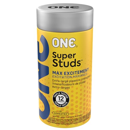 ONE® Super Studs Preservativos | Cuenta con tacos extra grandes, intensificadores de placer para una mayor estimulación | Vegano, sin OMG, látex de goma natural | 12 unidades