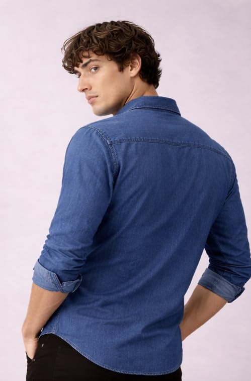 Image of Men's Slim Fit Western Denim Shirt with Dual Chest Pockets - Long Sleeve Button-Down Casual | Smart Casual Fashion Wear |Durable Tich snap Buttons.