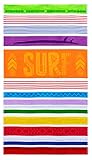Con las rayas de colores en azul, rojo, lila, blanco, verde y amarillo, nuestra moderna toalla de playa atraerá todas las miradas. Nuestra toalla de baño está decorada con letras grandes y la palabra «Surf» en nuestra toalla de baño.