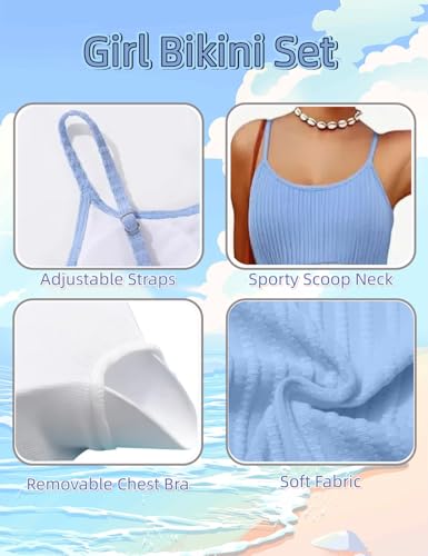 Image of Girls Swimsuit Two Piece Teen Bathing Suit High Waist Textured Bikini Set Woven Girls Swimwear 9-16Y