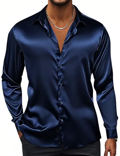 Image of Hi-Tie Men's Silk Satin Dress Shirts Long Sleeve Shiny Casual Button Up Shirts Luxury Party Disco Prom Wedding Shirt