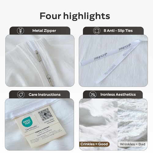 Image of JELLYMONI Queen Size Duvet Cover 100% Cotton Linen Texture Breathable Set | Pure Cotton, Zipper Closure, with natural wrinkles, Breathable&Soft, fade-resistant, 1 Duvet Cover & 2 Pillowcases