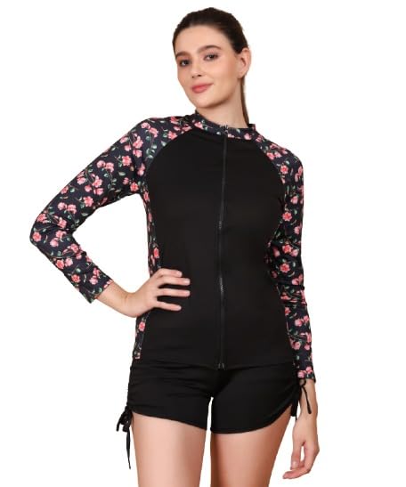 Rash Guard Jacket Sun Protection Long Sleeves Swimsuit Top Zip Front Swim Shirt for Women