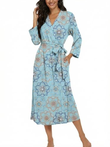 Image of VINTATRE Robes for Women Long Knit Bathrobe XS-4XL | 3 /4 Sleeve Bathrobes with Pockets, Stretchy and Lightweight Fabric, Inner Tie and Fixed Outer Matching Belt, Mid Calf Length
