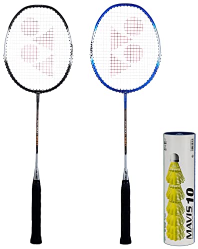 Image of Yonex ZR 100 Light Aluminum Blend Badminton Racquet with Full Cover, Set of 2 (Black /Blue) & Mavis 10 6X1 Nylon Shuttlecock (Blue /Yellow)