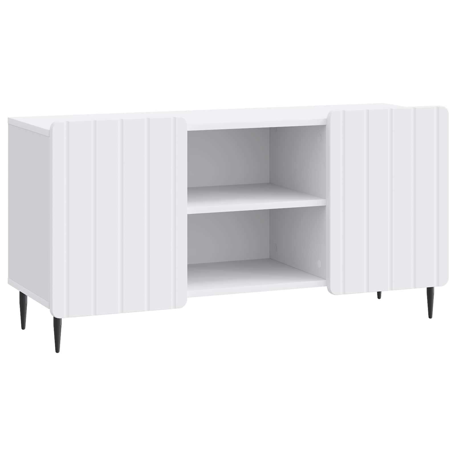 TV-Schränk Weiß aus Holzwerkstoff 102 x 34,5 x 52 cm mit 90° Schwenktüren und Stahlbeinen, modernes Sideboard mit Stauraum für Wohnzimmer, Medienkonsole, HiFi Rack und Gaming Zubehör
