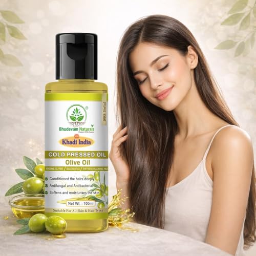 Image of Khadi 100% Pure Cold Pressed Olive Oil for Hair, Skin & Body Massage | Natural Moisturizing Oil for Dry Skin & Hair Care | Multipurpose Oil for Body Massage, Hair Nourishment & Moisturizing- 100GM