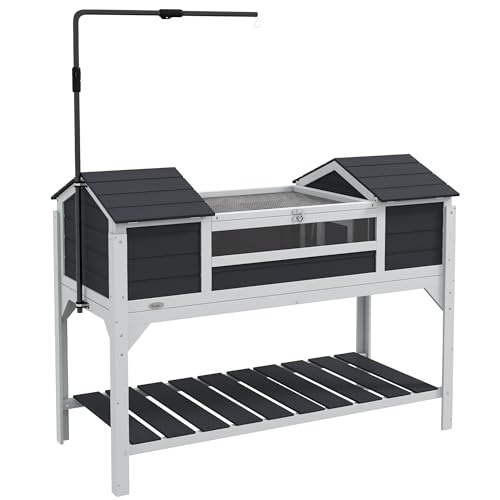 PawHut Casetta per tartarughe di terra da esterno, recinto in legno per tartarughe, 2 nicchie, portalampada regolabile, tetto apribile, gabbia per tartarughe di terra, finestra in acrilico