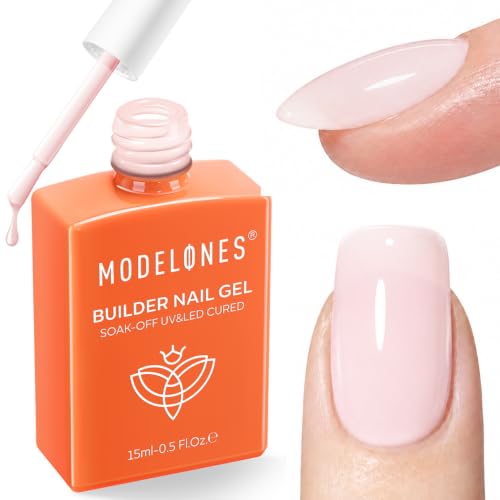 Image of modelones Builder Nail Gel, Barely Pink Builder for Nails, Sheer Pink Color Rubber Base Gel Polish for Natural Overlay, Apex Building, Short Extension, Self-Leveling Beginner U V /LED Cured 15ml