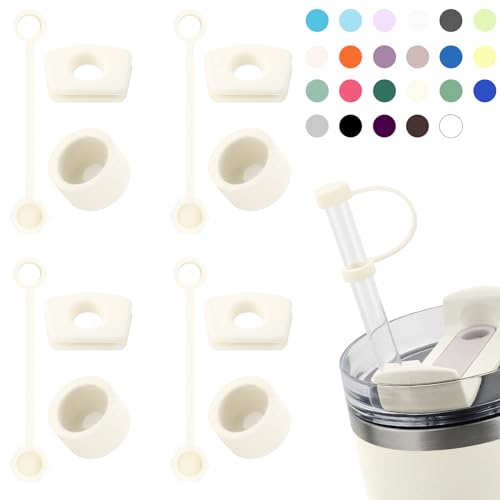 Silicone Spill Stopper Set Compatible with Stanley Cup 2.0 30oz & 40oz with Straw Cover (Set of 4, Cream)