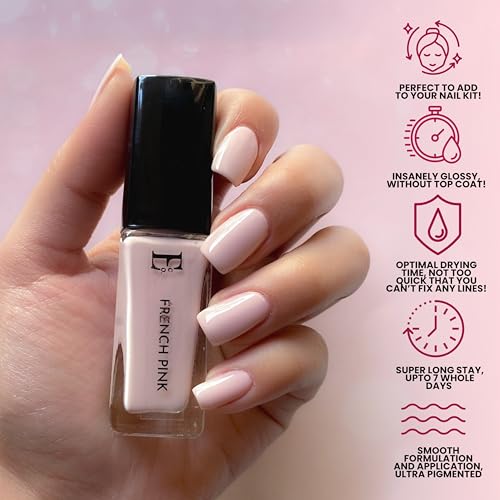 Image of Ellement Co French Pink Nail Polish 10ml | Soft Blush Pink Colour | Glossy Finish | Quick Drying | Long Lasting | Chip Resistant | Vegan | Non Toxic | Non Sticky | Nail Lacquer & Nail Paint for Women & Girls