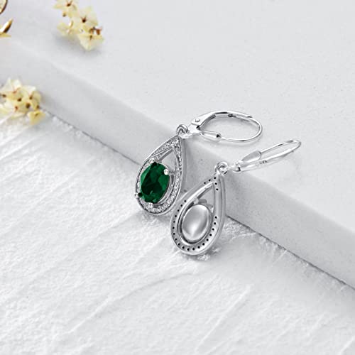 Emerald Green Leverback Earrings Sterling Silver Teardrop Earrings With Simulated May Birthstone Oval Crystal From Austria #TOP3