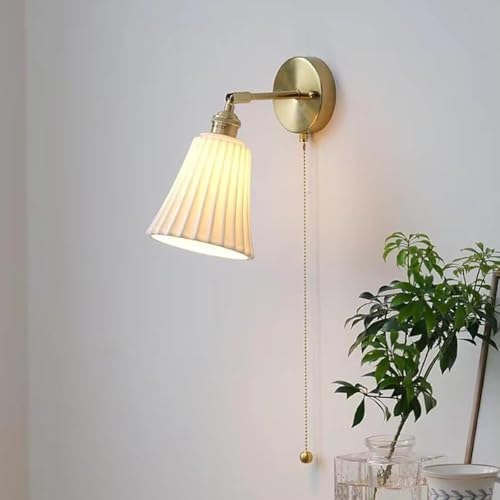 OEUBEQ Aplique de Pared Moderno de Mediados de Siglo con Interruptor de Cadena, lámpara de Pared Vintage de Vidrio Blanco lechoso Acanalado Dorado, Brazo Ajustable, lámpara de Pared nórdi