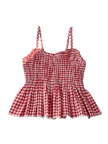 Girl's Gingham Peplum Cami Tops Smocked Ruffle Hem Spaghetti Strap Babydoll Tank Tops