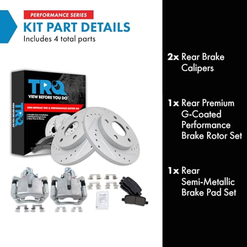 Image of TRQ Performance Rear Brake Pad and Rotor Set Semi Metallic Coated Drilled | For 05-09 Buick LaCrosse 11-13 Chevrolet Impala 14-16 Impala Limited 05-08 Pontiac Grand Prix