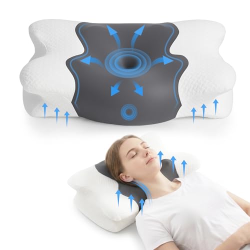 COSYLAND Almohada Cervicales y Cuello - Espuma Viscoelástica, Diseño Mariposa con Soporte Ergonómico y Transpirable, para Dormir de Lado, Boca Arriba y Boca Abajo, 60 x 40 x 10/13 cm, Gris Oscuro