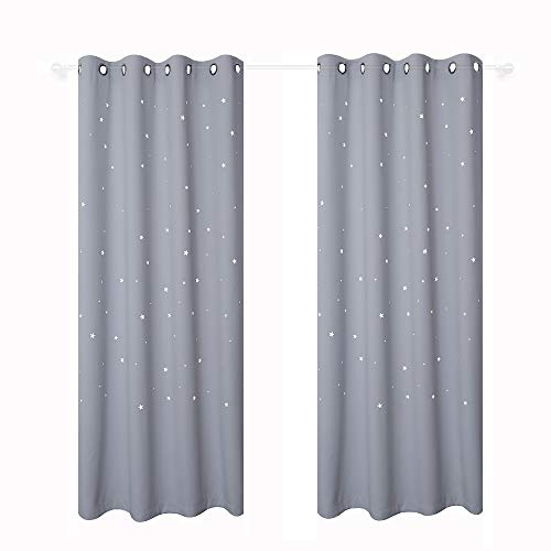 Image of Anjee Cut Out Stars Curtain for Kid's Room, 2 Panels Starry Sky Curtains with Die-Cut Stars, W52 x L63 inches, Greyish White
