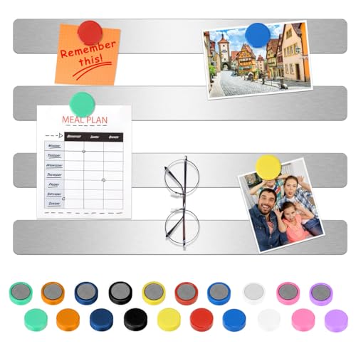 Image of Climberty 4 Pack Magnetic Stainless Memo Board Strip Message Board with 20 Pcs Color Magnets, Adhesive Backing Bulletin Bar Board for Office, Home, Photo Wall, Documents and Fridge (Silver)