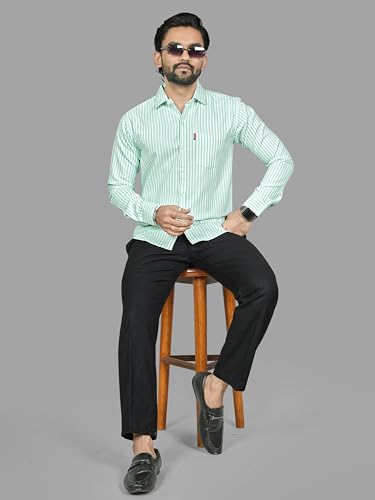 Image of MILDIN Men's Pure Cotton Striped Printed Shirt with Spread Collared Neck Full Sleeve Curved Hemline Button Closure and Regular Fit | Shirt for Man