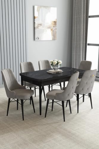 Zümra Serisi, Siyah Mermer Desen 80x132 Açılabilir Mdf Mutfak Masası Takımı 6 Adet Sandalye Gri 80 x 132