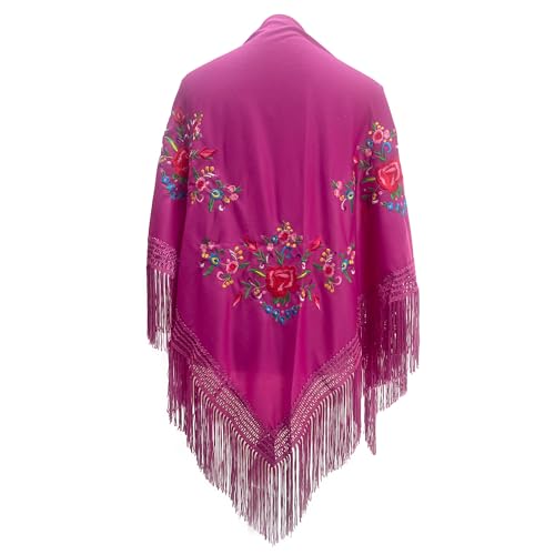 Mantón de Manila Mujer de Pico en Triángulo, Mantones de Flamenca Bordado en Flores, Mantoncillos de Flamenca de Flor (Fucsia/Morado)